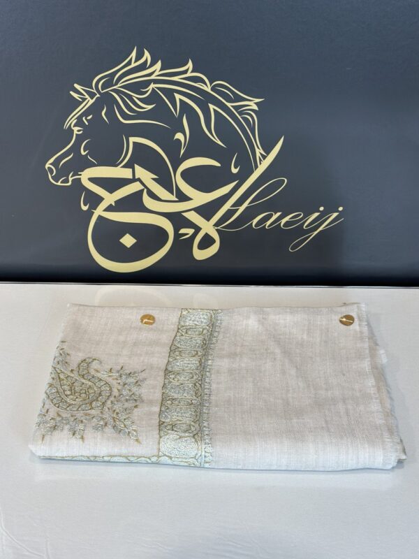 A LUXURIOUS FULLY HANDMADE PASHMINA LIGHT BEIGE COLOR SHAL.  ROYAL ENGRAVING IN THE MODERN EMIRATI STYLE IN   BROWN, GOLDEN, LIGHT BLUE, LIGHT GREEN COLORS.
